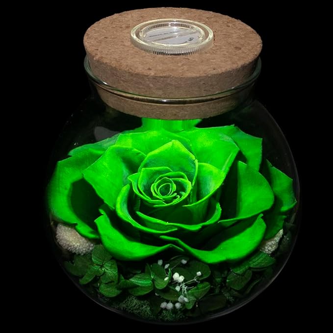 Preserved Real Roses with Colorful Mood Light Wishing Bottle,Eternal Rose，Never Withered Flowers,for Bedroom Party Table Decor, Christmas Decorations,a Gifts for Women 4.3inch1pcs (Green)