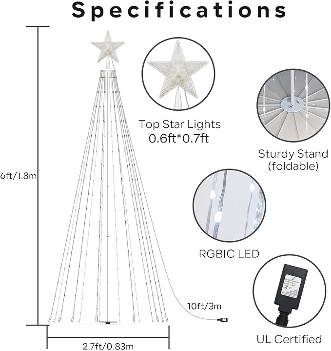 6ft DIY Outdoor Christmas Trees for Yard with 47 Prelit Lights 265 LED Christmas Tree Lights Color Changing Sync Musical APP & Remote Control Christmas Tree Light Show for Multicolor Decorations