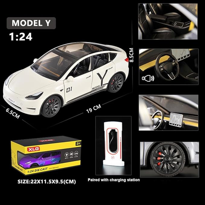 1/24 Model Y Toy Cars Alloy Diecast Model, Pull Back M-odel Y Car Toy with Light, Big Mo-del Y Diecast Cars Toy Suitable for Kids Adults Birthday Gift (Printed White)