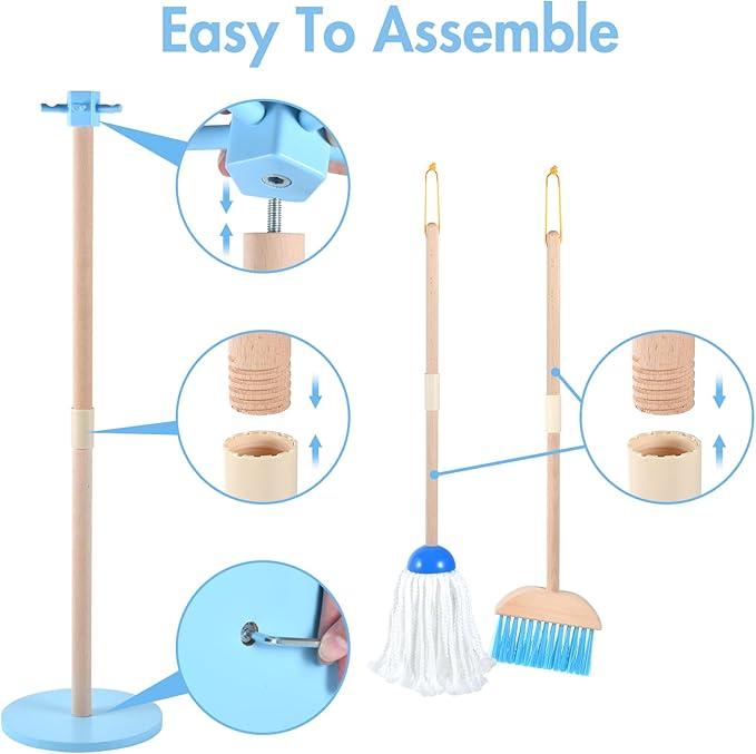 WHOHOLL Wooden Toddler Cleaning Set, Blue Toys Montessori Toys for 3+ Years Old Boy, Housekeeping Play Set Includes Broom Mop Duster Dustpan Sponge and Organizing Stand, STEM Skill Developmental Gift