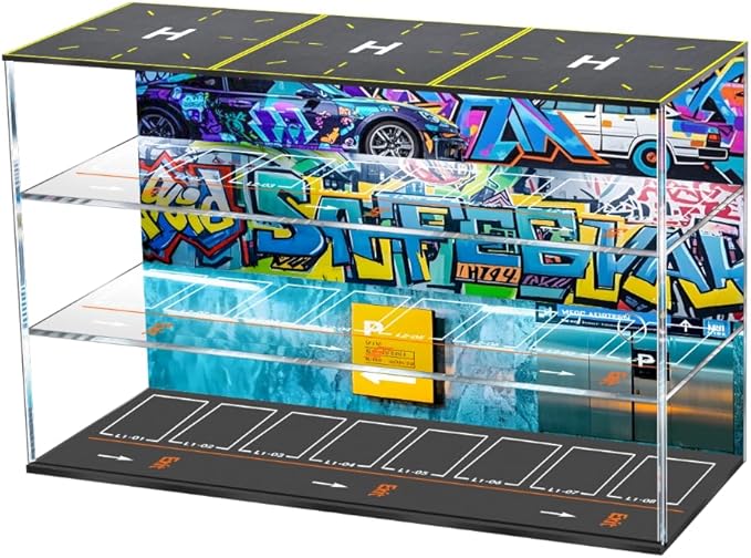 1/64 Scale Toy Car Garage Storage with Led Light, Model Car Display Case with Parking Lot Scene for Hot Wheels and Matchbox Cars, Die Cast Diorama for Alloy Car Model Aircraft with Airport