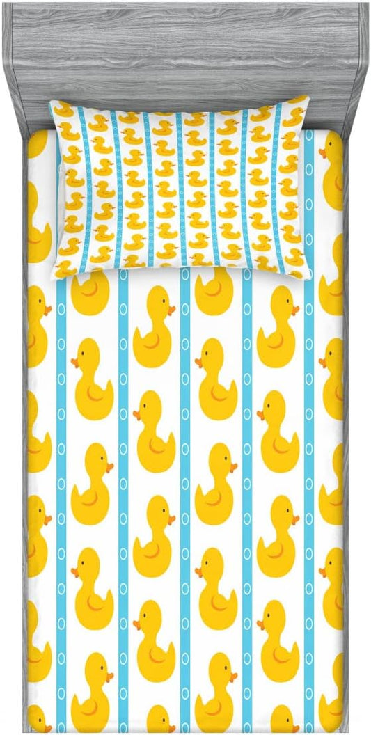 Ambesonne Rubber Duck 2 Pack Fitted Sheet & Pillow Sham Set, Blue Stripes, 4 Pcs Bedding Decor, Package Contains 2 Twin Size Fitted Sheets & 2 Pillow Covers, Blue Yellow
