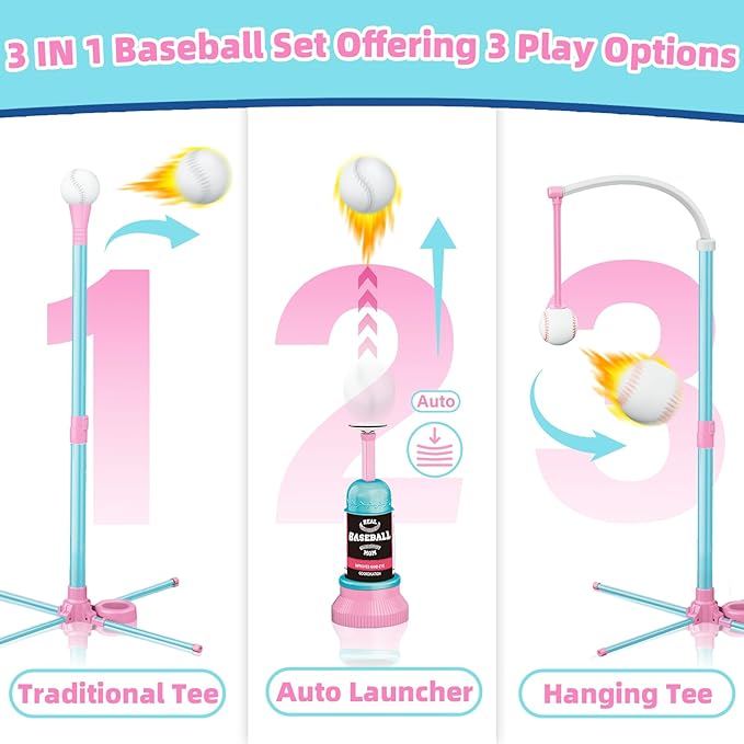3-in-1 T Ball Set for Kids, Adjustable Height Hanging Baseball Batting Tee Set with 2 Bats, Teeball Hitting Stand, Ball Launcher for Toddlers, Sport Toys Outdoor/Indoor for Boys Girls