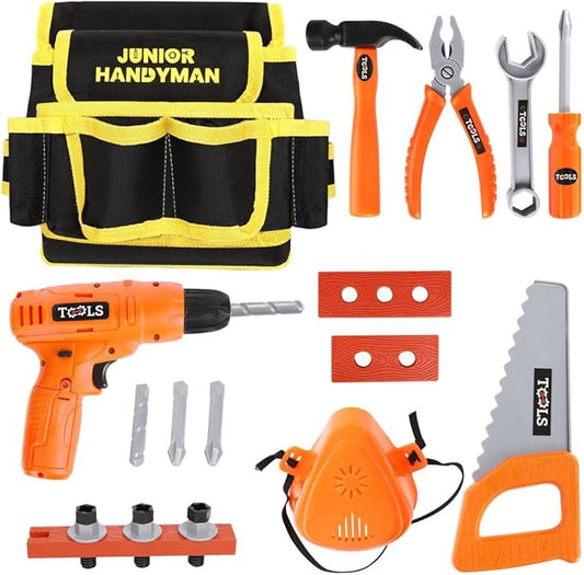 20Pcs Kids Tool Set - Kids Tool Belt with Electronic Drill Toy, Pretend Construction Durable Toddler Tool Set for Boys and Girls Ages 3 to 8 Years Old, Adjustable Toddler Tool Belt