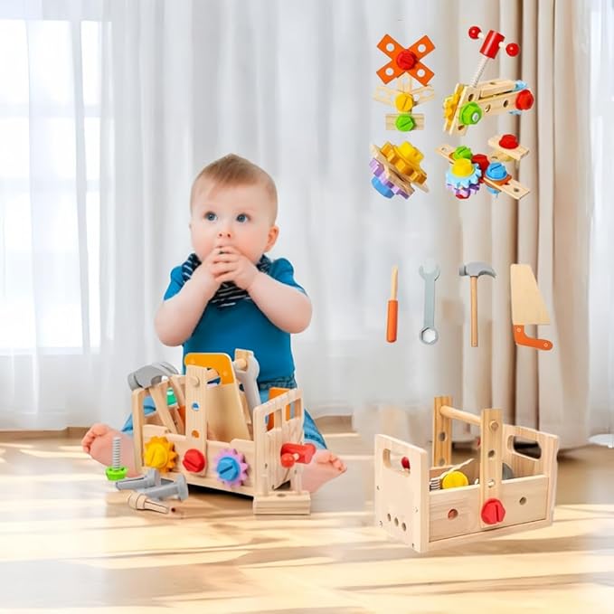Montessori Wooden 2-4 Years Toddler Tool Set for 2 3 4 5 6 Years, Educational STEM Building Learning Toddler Tool Box, Wooden Toddler Tool Table,, Children's Day Gift