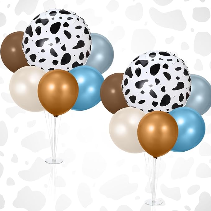 2 Sets Cowboy Party Decorations Table Centerpiece Blue Brown Neutral Balloon Stand Kit with Large Cow Print Foil Latex Balloon for Western Cowboy Farm Animal Baby Shower Birthday Supplies