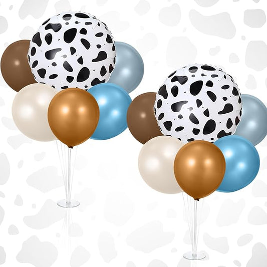 2 Sets Cowboy Party Decorations Table Centerpiece Blue Brown Neutral Balloon Stand Kit with Large Cow Print Foil Latex Balloon for Western Cowboy Farm Animal Baby Shower Birthday Supplies