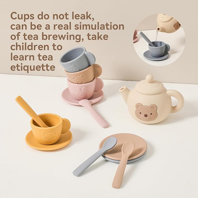 Tea Party Set for Little Girls 1-3 Kids Tea Set 14 Pcs with Silicone Teapot Cups Coasters Carrying Scoop, Kitchen Accessories Pretend Play for Girls Boys Age 3 4 5