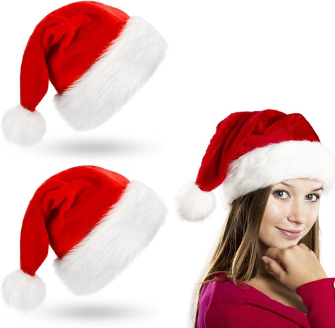 2 Pcs Santa Hat, Comfortable Velvet Red and White Christmas Hats for Christmas Party Decorations and Gifts, Adult Size