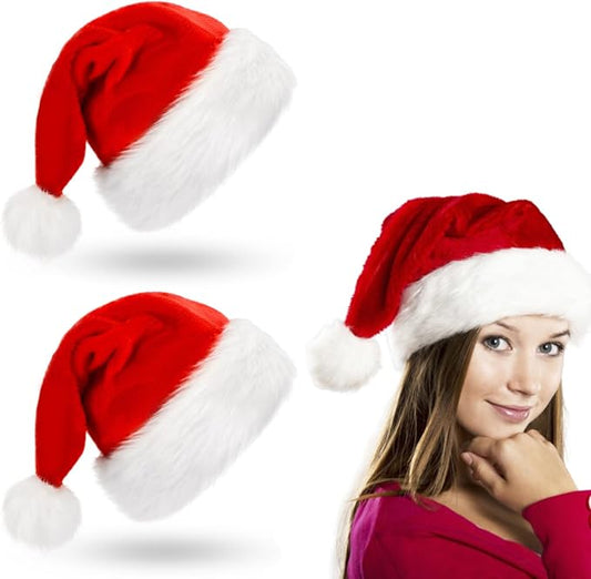 2 Pcs Santa Hat, Comfortable Velvet Red and White Christmas Hats for Christmas Party Decorations and Gifts, Adult Size