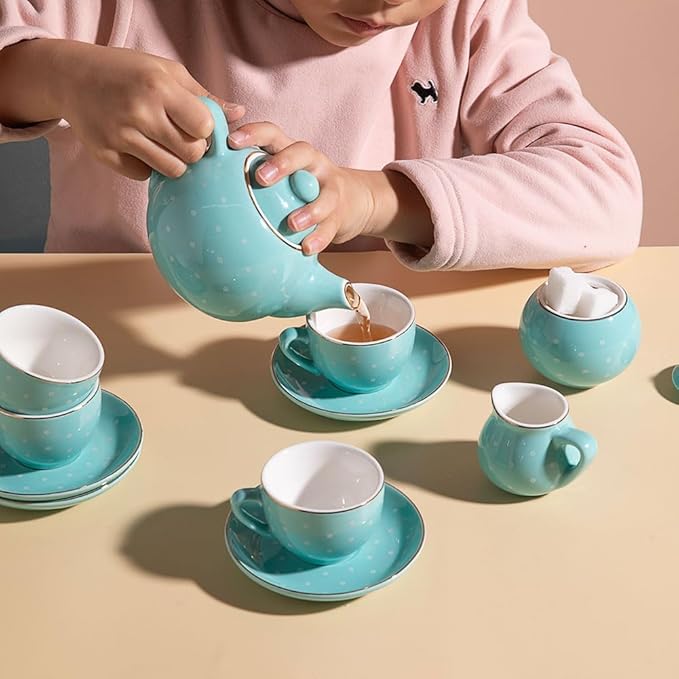Sweejar Porcelain Tea Set for Little Girls,Kitchen Toys Tea Party Set for Kids Toddler Kitchen Pretend Toy Include Children Teapot, Cup & Saucer Sugar Bowl and Cream Pitcher(Turquoise Polka Dot)