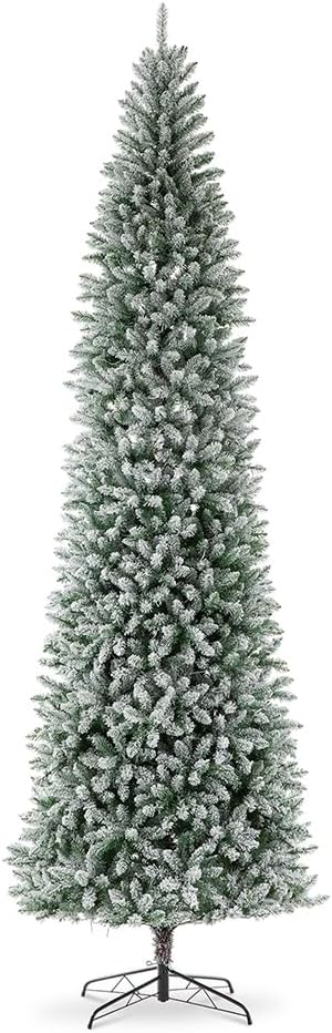 Glitzhome 11ft Prelit Artificial Christmas Tree, Snowy Splendor Fir Hinged Pencil Christmas Tree Holiday Decoration with 950 Warm White Lights and Foldable Metal Stand, Easy Assembly