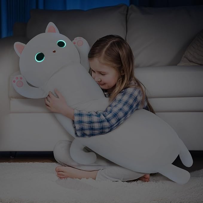 MaoGoLan Long Cat Plush Body Pillow, 44'' Giant White Glow in The Dark Cat Stuffed Animal Toy Gift for Girl Boy Kid, Big Cute Kitty Plush Throw Pillow for Halloween Christmas Decor