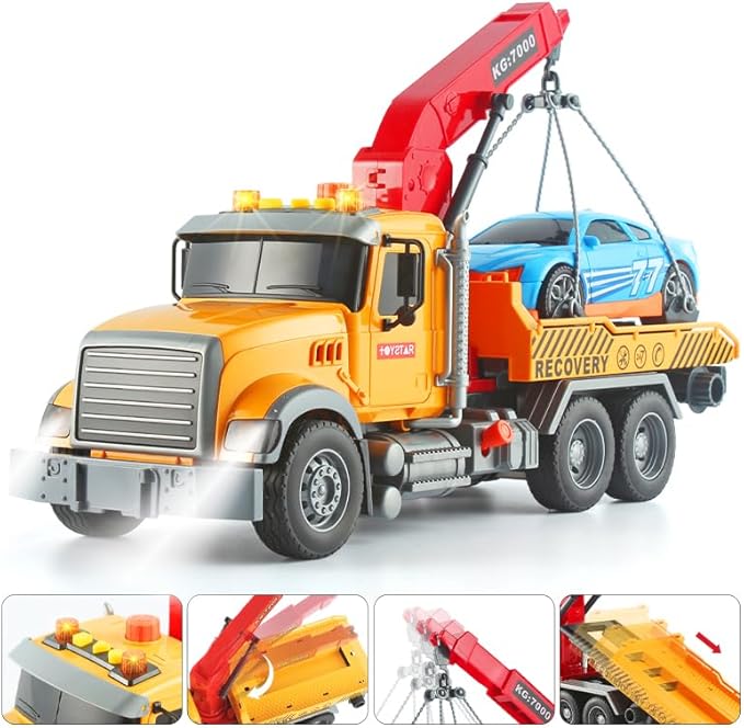 Toy Tow Truck with Crane and Car – Recovery Truck Toy for Kids Age 3 4 5 6, Construction Playset with Lights and Sounds,Birthday Gifts for Boys