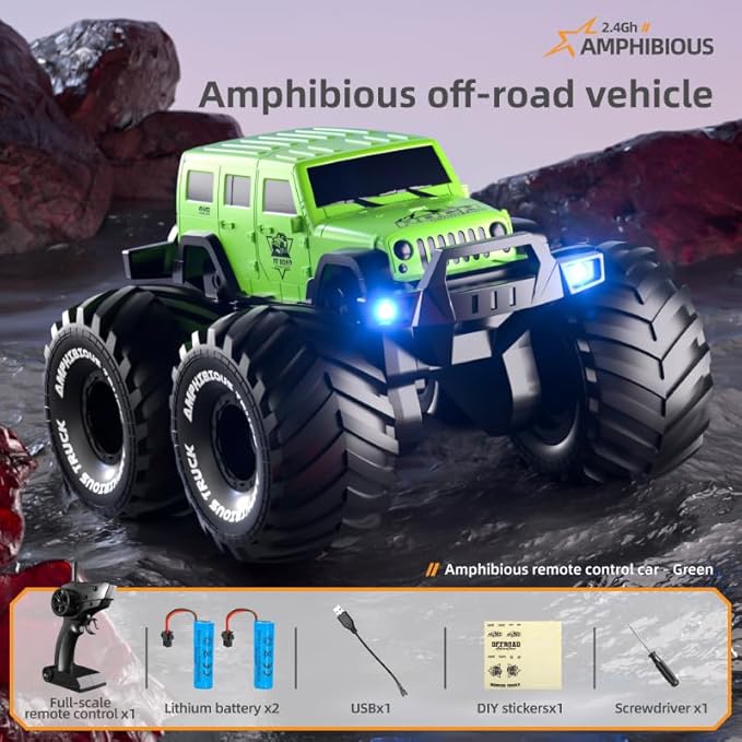 1:18 Scale Amphibious LED RC Car ，2.4GHz All 20 Km/h Off Road Terrain Remote Control Drift Truck, Waterproof Truck for 8+ Year Old Boys Girls Kids Gifts (Green)