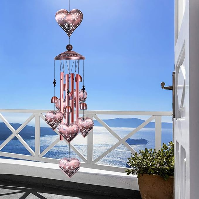 Loving Heart Wind Chimes Outdoor Indoor Decor - with 4 Aluminum Tubes 6 Bells 7 Hearts Mobile Romantic Wind Catcher Heart Shaped Windchimes for Home, Mom Gifts, Balcony, Festival, Garden Decoration