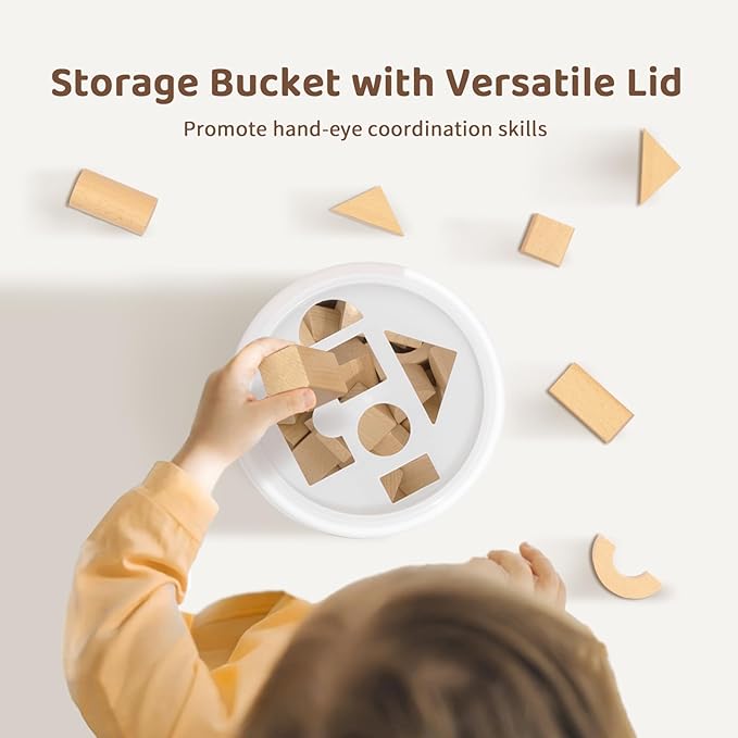 Natural Beech Wood Building Blocks for Toddlers 1-3, 100pcs Kids Wooden Blocks with Storage Bucket and Shape Sorter Lid, Preschool Learning Toys for Boys and Girls