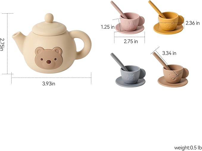 Tea Party Set for Little Girls 1-3 Kids Tea Set 14 Pcs with Silicone Teapot Cups Coasters Carrying Scoop, Kitchen Accessories Pretend Play for Girls Boys Age 3 4 5