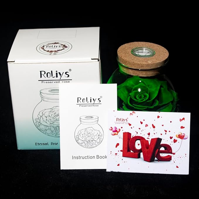 Preserved Real Roses with Colorful Mood Light Wishing Bottle,Eternal Rose，Never Withered Flowers,for Bedroom Party Table Decor, Christmas Decorations,a Gifts for Women 4.3inch1pcs (Green)