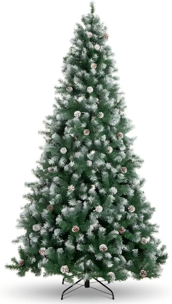 2025 Christmas Pre-Lit Pencil Tree 7.5FT with Lights, Automatic White Spray Artificial Xmas Tree with Pinecone, Decor for Christmas Holiday