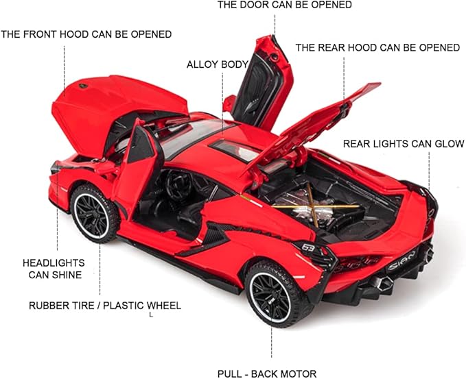 Diecast Toy Car Sian FKP37 Sports Model Car,Zinc Alloy Simulation Casting Pull Back Vehicles,1:32 Scale Supercar Toys with Lights and Music Sound for Toddlers Kids Children Boys Girls Gift (Red)