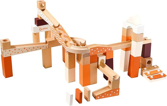 Wooden Marble Runway Blocks for Ages 3+, 60 Wooden Blocks Toys and Construction Playset, Natural Marble Track Maze Game STEM Learning Toys Boys Girls Gift (Set of 60)