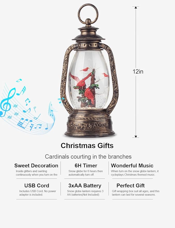 12" Christmas Snow Globe Lantern, Red Bird Music Box, Spinning Snowflake Glitter Water Lamp, USB and Battery Powered Christmas Decoration