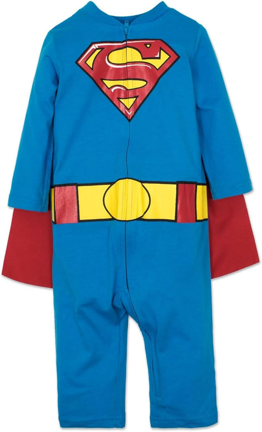 WARNER BROS. Justice League Batman Superman Lightweight Breathable Baby Zip Up Costume Coverall with Cape Newborn to Kid