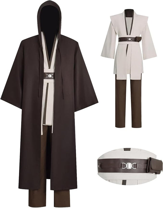 Mens Cosplay Costume White Tunic Hooded Cloak Robe Uniform Suit Halloween Outfit