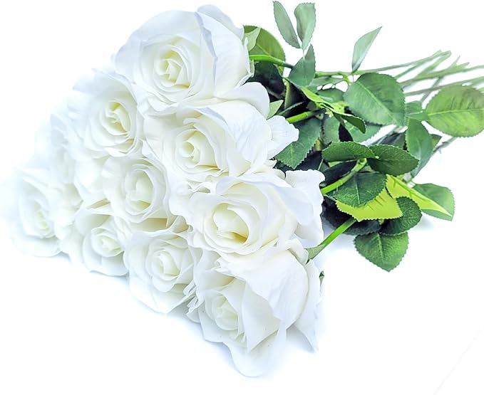 26inch Real Touch Artificial Roses - Long Stem Fake Silk Flowers with Leaves for Wedding, Home Decor, Centerpieces, Office Party, Looks Real (10,wht)