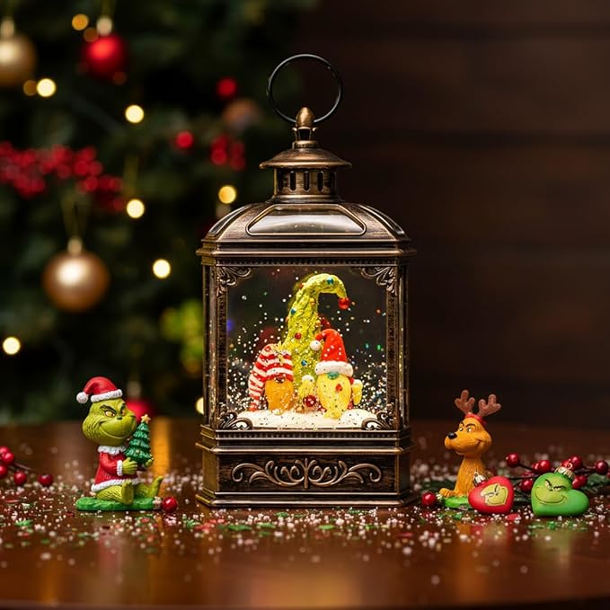 Musical Snow Globe Lantern Lighted Whimsical Christmas Tree & Gnomes Santa Elf Snow Water Lantern with Swirling Glittering Home Decoration and Gift, Battery Operated or USB Powered