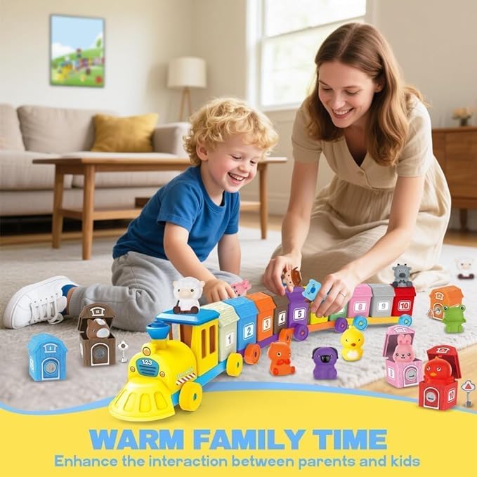 Farm Animals Train with 11 Finger Puppets, 10 Barns with Keys, Counting, Matching, Sorting Montessori Learning Toy for Toddlers 1 2 3 4 Years Old, Educational Birthday Gift for Boys Girls Kids, 36PCS