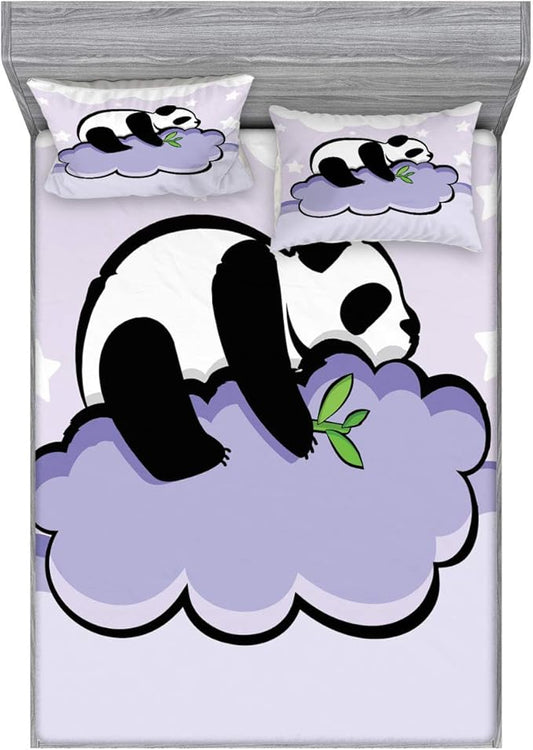 Ambesonne Panda Fitted Sheet & Pillow Sham Set, Panda Bear Sleeping on Cloud in Starry Night Sky Cartoon Illustration Print, Decorative Printed 2 Piece Bedding Decor Set, Queen, Lilac Black