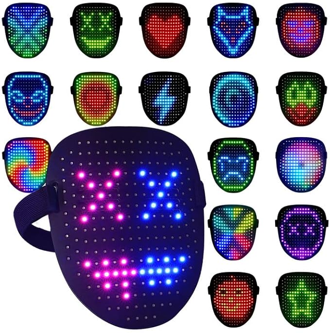 arscniek LED Face Mask with Gesture Control – Rechargeable Light Up Halloween Masks Costume for Adults & Kids, Glowing Transformable Cosplay Mask for Parties, Christmas, Concerts