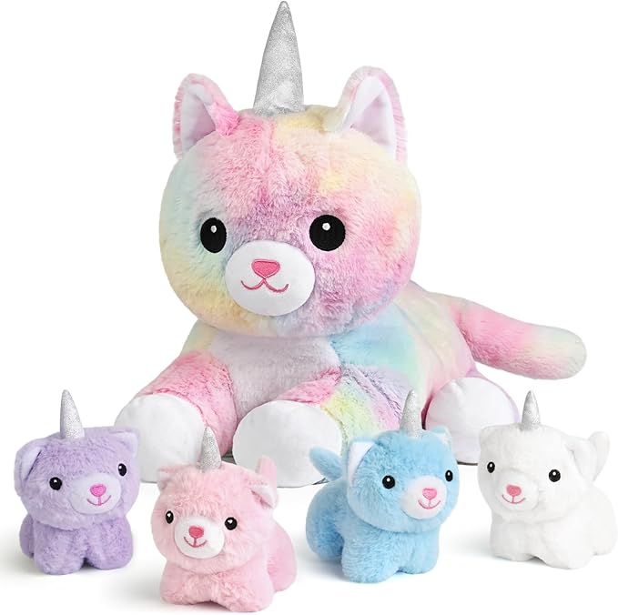 KMUYSL Toys for Ages 0 1 2 3 4 5 6 7 8+ Years - Plush Mommy Stuffed Animal with 4 Babies in Her Tummy, Soft Plush Toys Set, Christmas Birthday Gifts for Girls Boys, Toddler, Kids (Unicorn Cat Toys)
