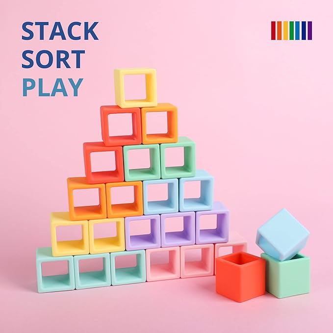 BLUE GINKGO Silicone Rainbow Blocks – [24 PC] Giftable Soft Blocks for Kids, BPA-Free Montessori Stacking Toy with Sorting Tray (Pastel)