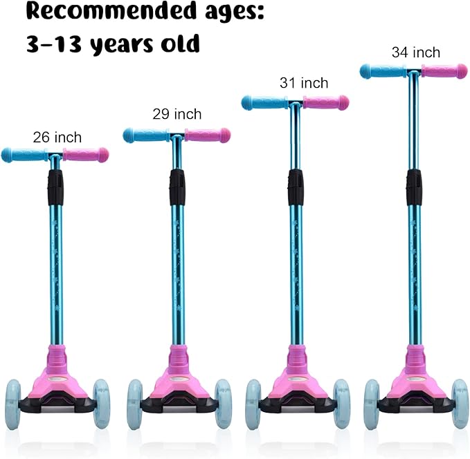 3 Wheel Scooter for Kids Ages 6-12,Kids Scooter with Light Up Wheels, Sturdy Deck Design, and 4 Height Adjustable Suitable for Kids Ages 3-12