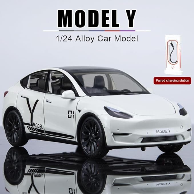 1/24 Model Y Toy Cars Alloy Diecast Model, Pull Back M-odel Y Car Toy with Light, Big Mo-del Y Diecast Cars Toy Suitable for Kids Adults Birthday Gift (Printed White)