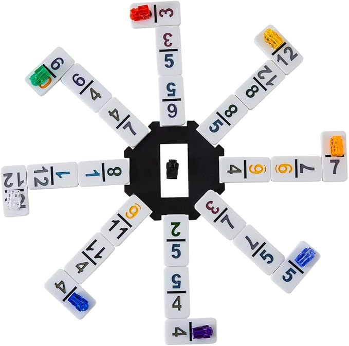 Mexican Train Dominoes with Numbers Double 12 Colored Numerical Dominoes Mexican Train Game Set 91 Tiles Dominoes with 9 Trains, Scoreboard, Octagon Shape Hub and Aluminum Case