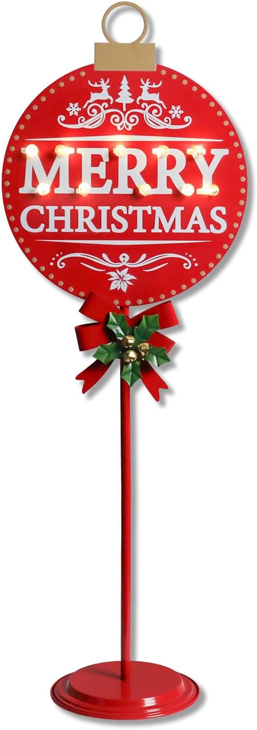 Merry Christmas Sign with LED Light Battery Operated with Timer Christmas Signs with Base Xmas Holiday Decorations Patio Lawn Yard Outdoor Display Decor Round