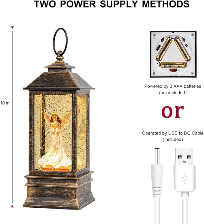 10'' Musical Snow Globe Lantern Lighted Angel with Dove Water Lantern Swirling Glittering Home Decoration and Gift, Battery Operated or USB Powered