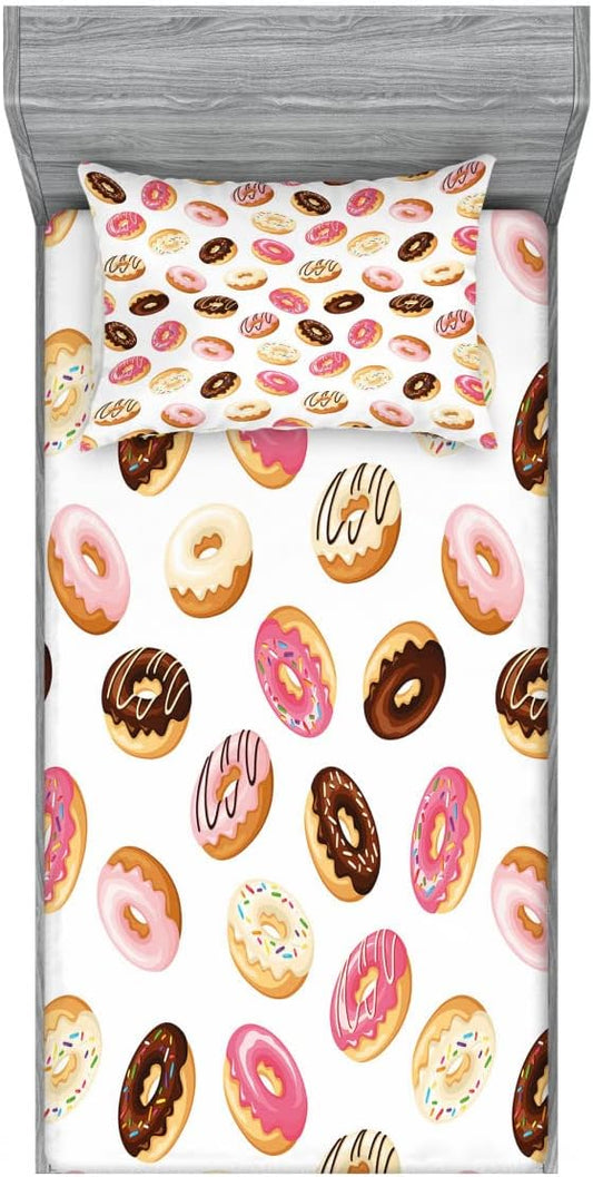 Ambesonne Food 2 Pack Fitted Sheet & Pillow Sham Set, American Dessert Donuts, 4 Pcs Bedding Decor, Package Contains 2 Twin Size Fitted Sheets & 2 Pillow Covers, Coral Cream