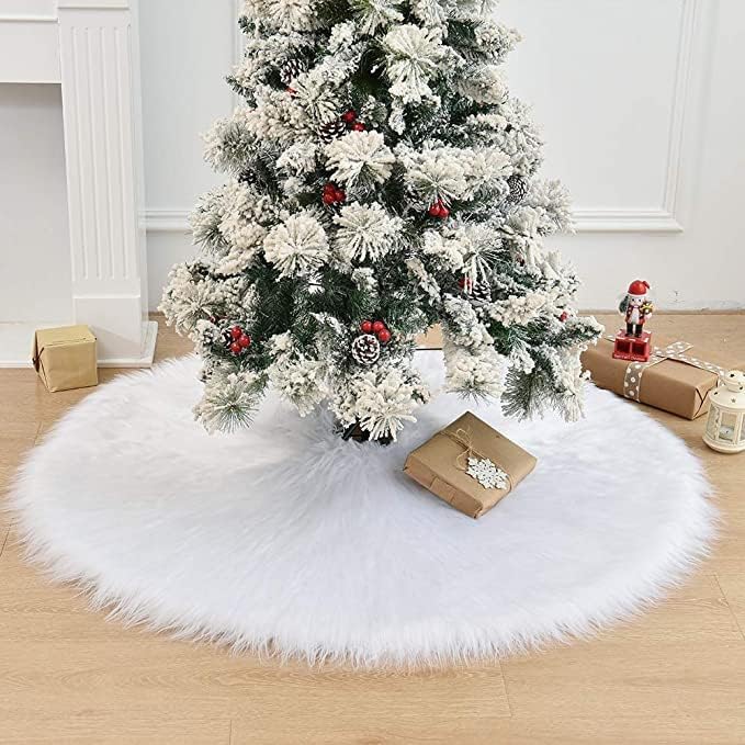 58 Inch Christmas Tree Skirt, Extra Large Thick Luxury Snowy Faux Fur Tree Skirt, White Plush Velvet for Merry Christmas Party Tree Decoration