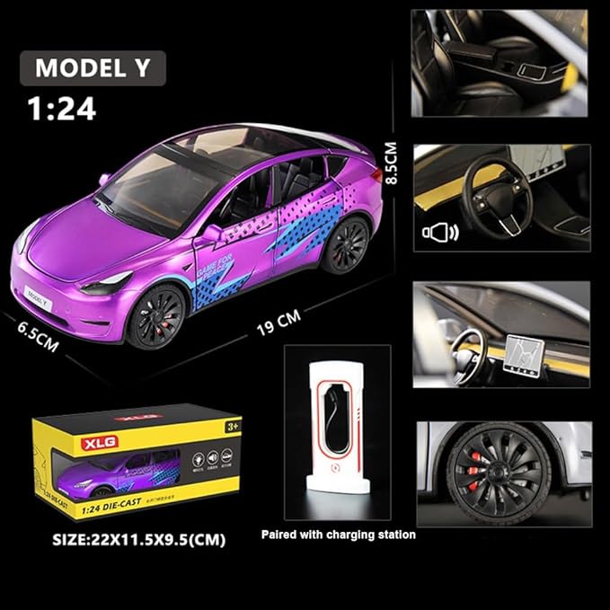 1/24 Model Y Toy Cars Alloy Diecast Model, Pull Back Model Y M-odel Car with Light, Big Mo-del Y Diecast Cars Mode-l Toy Suitable for Kids Adults Birthday Gift (Purple)