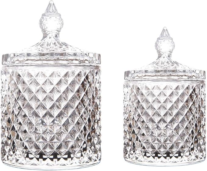 Maypink Crystal Diamond Faceted Jar with Lid,Suitable as A Candy Dish,Cookie Tin,Biscuit Barrel,Decorative Candy Jar Sugar Bowl (Crystal, Set of 2)