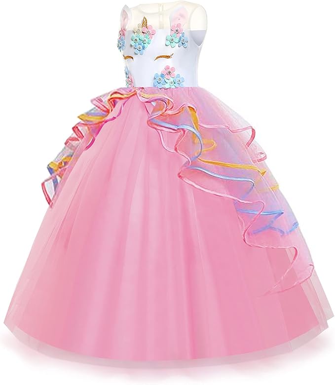 Unicorn Dress for Girls Unicorn Costume Pageant Princess Party Birthday Long Gown with Unicorn Headband & Necklace