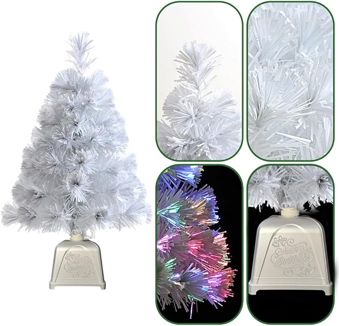Pre lit Mini Christmas Tree, Tabletop Artificial Fiber Optic Christmas Trees with Silver Base -24 Inch (White) …