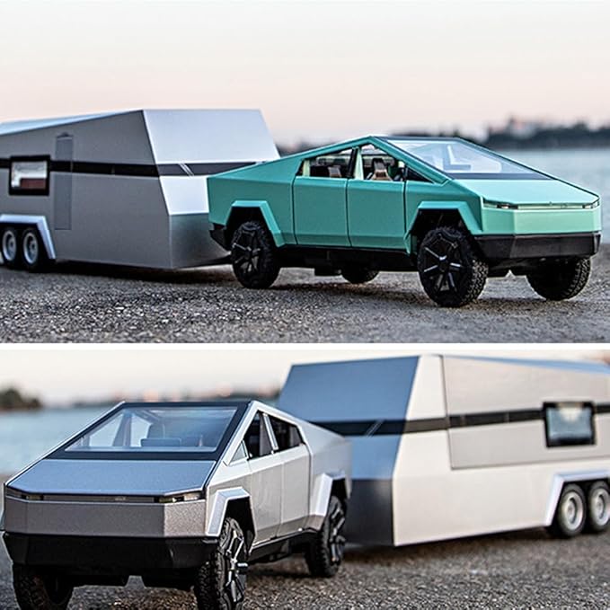 1/24 Large Pickup Truck Toy with Motorhome and Motorcycle, Diecast Pickup Truck Trailer RV Alloy Model Collection Vehicles for Kids Adults Birthday Gift (Green)