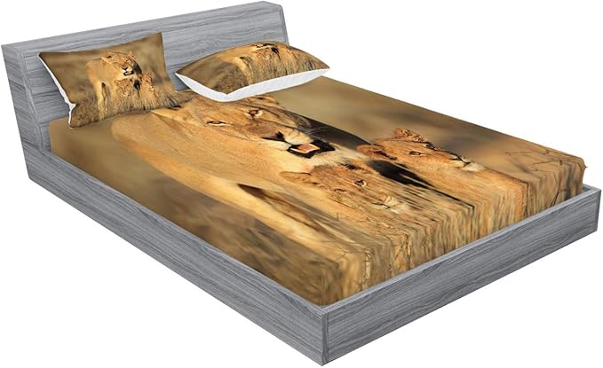 Ambesonne Safari Fitted Sheet & Pillow Sham Set, Mom Lioness and Young Lion Kings in South Nature Big Cats at Wilderness Safari, Decorative Printed 3 Piece Bedding Decor Set, King, Ivory Cream