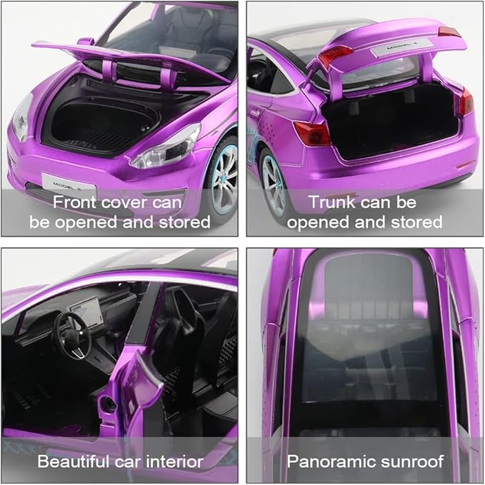 Zinc Alloy Model 3 Car Model,1:24 Scale Simulation Casting car Model Pull Back Diecast Toy Car, Mini Vehicles Toys with Lights and Music for Toddlers Kids Children Birthday Gift(Purple)